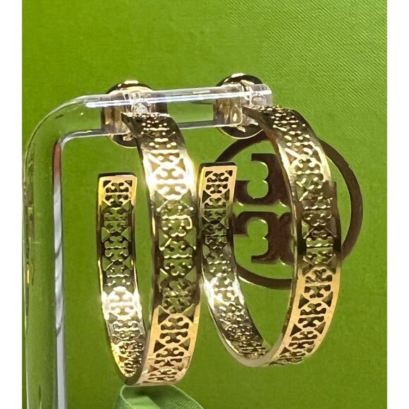 NWOT!  Tory Burch Gold-Tone Pierced Hoop Earrings With Intricate Cutout Design - Picture 1 of 7